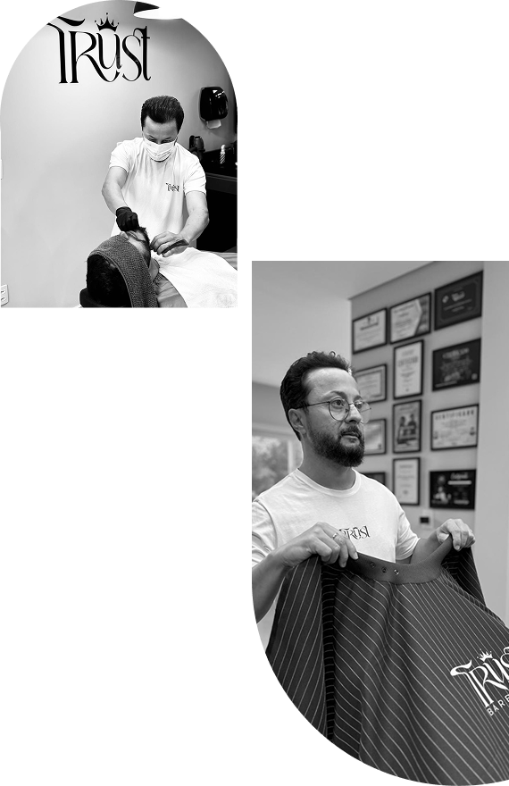 Foto de Alexandre olhando para suas ferramentas e foto dele cortando barba de cliente