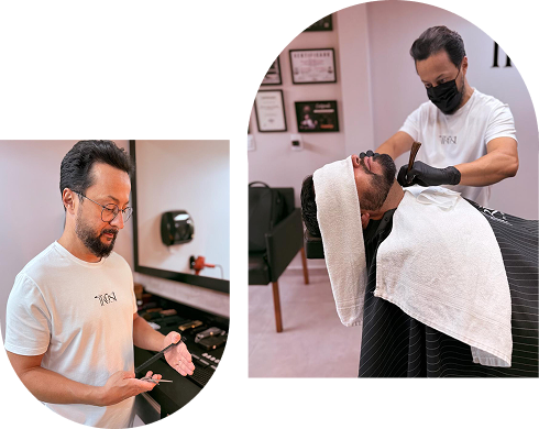 Foto de Alexandre olhando para suas ferramentas e foto dele cortando barba de cliente